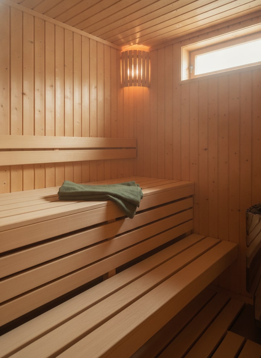 An empty wooden sauna interior in low amber light, pale spruce benches, a folded dark green linen towel on the upper ben