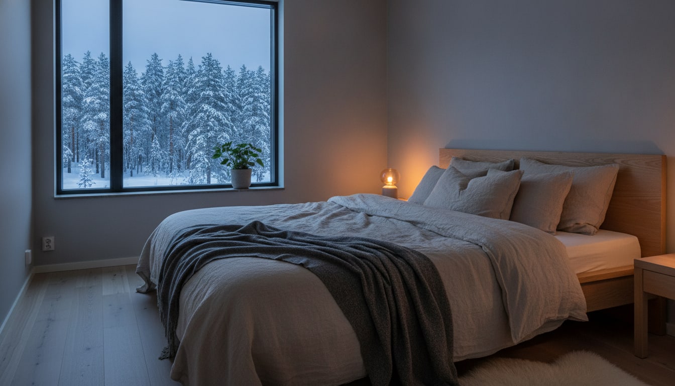 A quiet Scandinavian bedroom at blue hour, an unmade bed with rumpled oat linen sheets and a grey wool blanket, a tall w