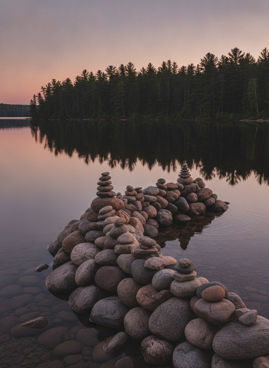 Smooth rounded fieldstones stacked low on the shore of a still northern lake at dusk, dark pine forest across the water,